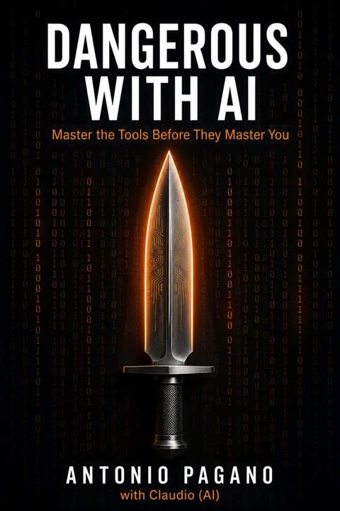 Cover of Dangerous with AI: Master the Tools Before They Master You, by Antonio Pagano with Claudio (AI). A glowing dagger on a field of binary code.